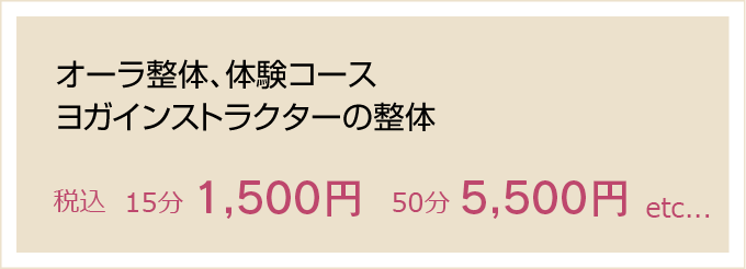 オーラ整体、体験コース ヨガインストラクターの整体 40分〜 4,320円〜